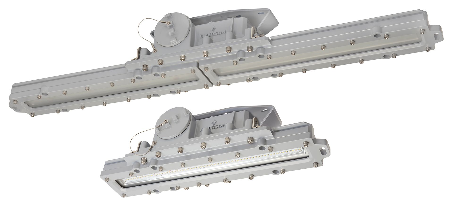 Two gray industrial LED lighting fixtures with mounting brackets and electrical connectors for hazardous area applications