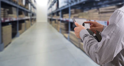 Warehouse worker using tablet to check inventory among storage shelves