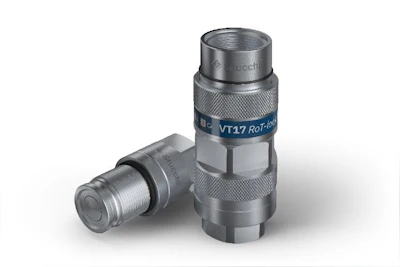 The VT-ZN RoT-lock is a 1-inch NPT flat-face screw coupler rated for operating pressures up to 500 bar. It combines a threaded connection, an automatic locking sleeve, a live swivel, an optimized connection thread, and residual-pressure connection capability.