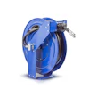 Blue industrial retractable hose reel with stainless steel nozzle attachment