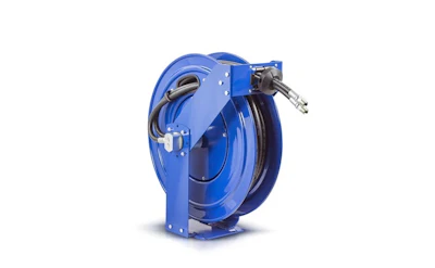 Blue industrial retractable hose reel with stainless steel nozzle attachment