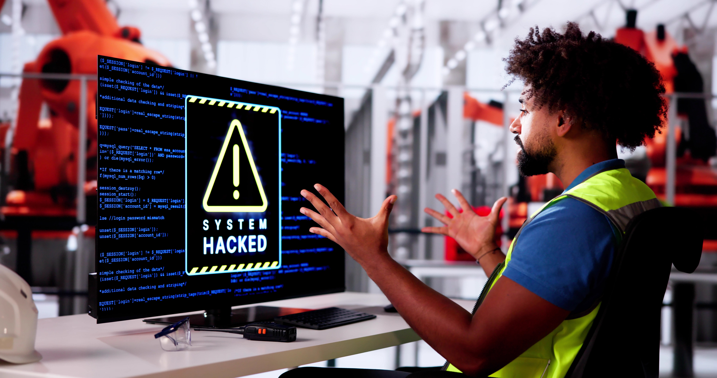 Industrial worker in safety vest gestures at computer monitor displaying 'System Hacked' warning with code in background factory setting