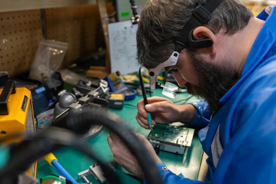 Technician wearing magnifying headset soldering circuit board components during electronics repair