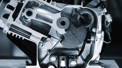 Cross-sectional view of internal combustion engine showing pistons, gears, cylinders, and metal mechanical components