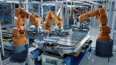 Industrial robotic arms assembling automotive battery pack in modern manufacturing facility