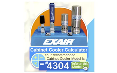 EXAIR Cabinet Cooler Calculator displaying recommended model 4304 with five industrial cooling units