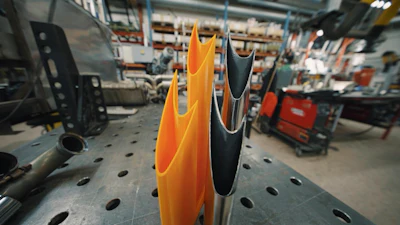 Orange and black cutting tools displayed on perforated workbench in industrial workshop