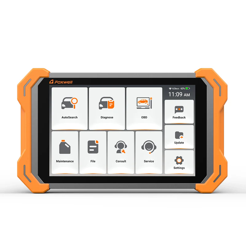 Foxwell automotive diagnostic tablet with orange rugged case displaying menu options for vehicle diagnostics and maintenance