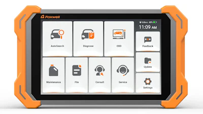 Foxwell automotive diagnostic tablet with orange rugged case displaying menu options for vehicle diagnostics and maintenance