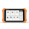 Foxwell automotive diagnostic tablet with orange rugged case displaying menu options for vehicle diagnostics and maintenance