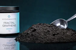 Hydrograph Fractal Graphene powder in white jar with metal scoop on dark teal background