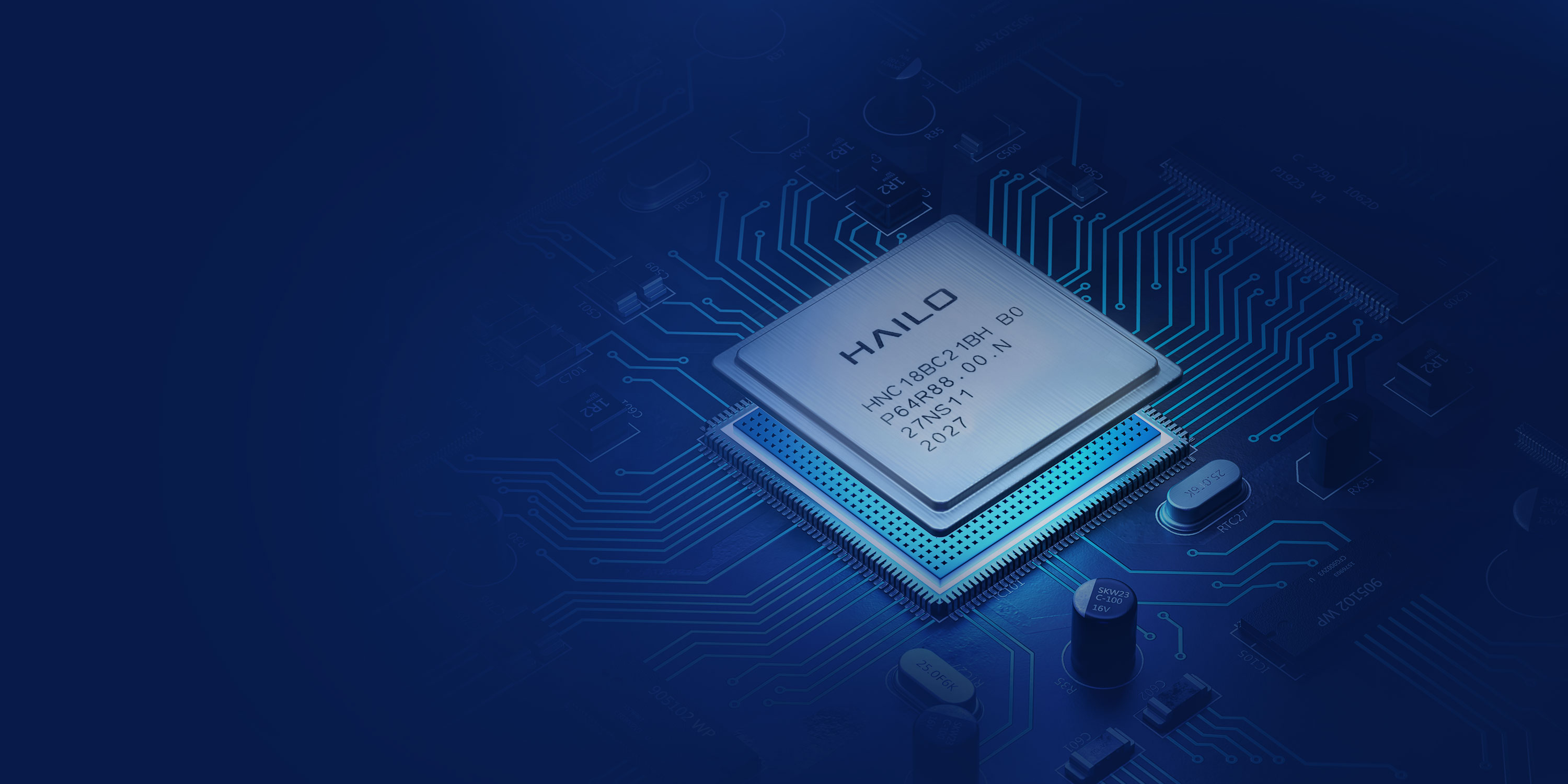 HAILO processor chip mounted on blue circuit board with glowing cyan accents