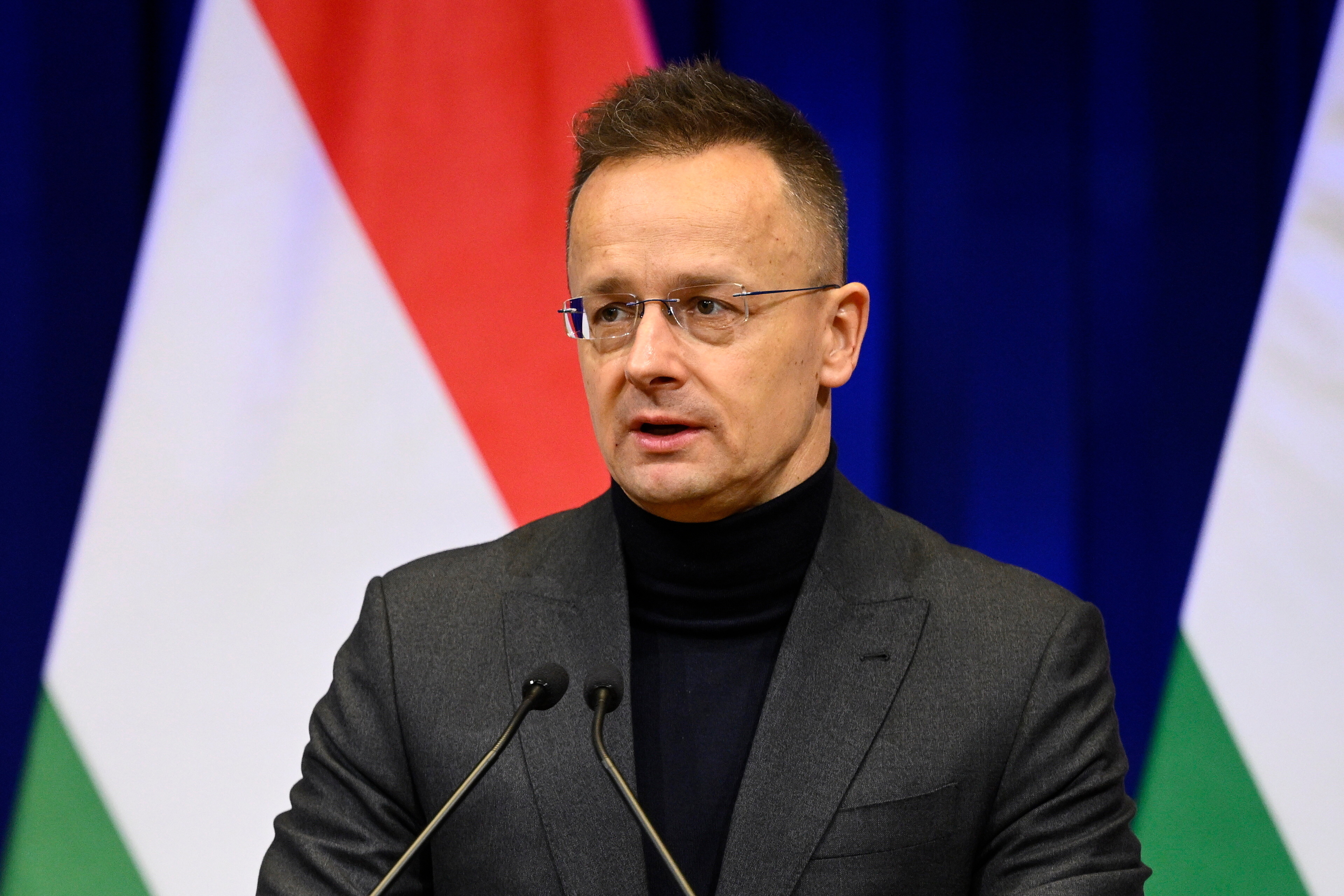 Man in glasses speaking at podium with Hungarian flag backdrop during official address
