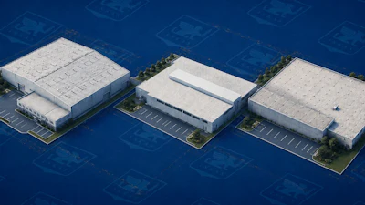 Three white industrial warehouse buildings in isometric view with parking areas on blue background