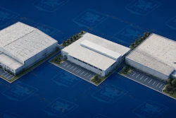 Three white industrial warehouse buildings in isometric view with parking areas on blue background