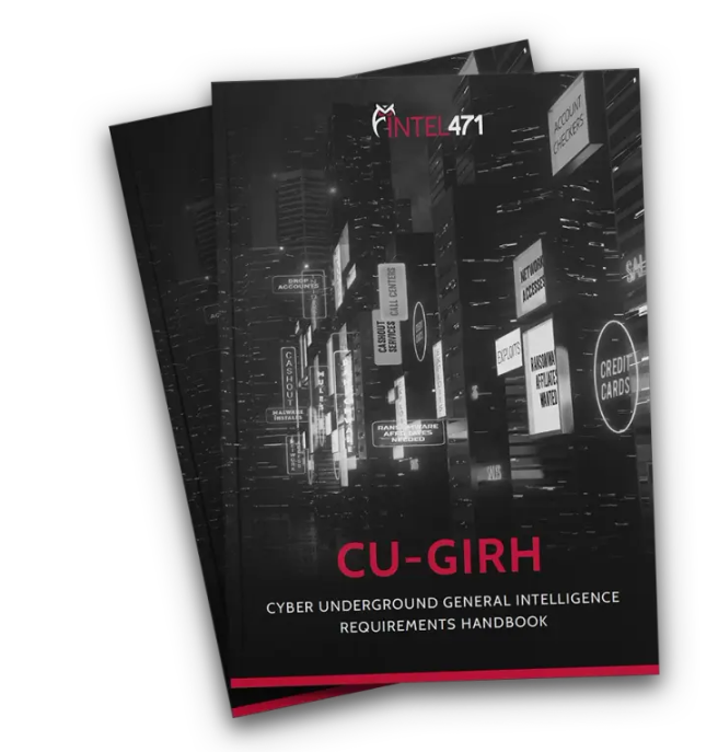 INTEL471 Cyber Underground General Intelligence Requirements Handbook cover with nighttime cityscape background