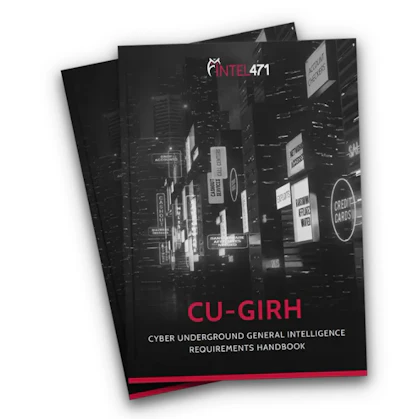 INTEL471 Cyber Underground General Intelligence Requirements Handbook cover with nighttime cityscape background