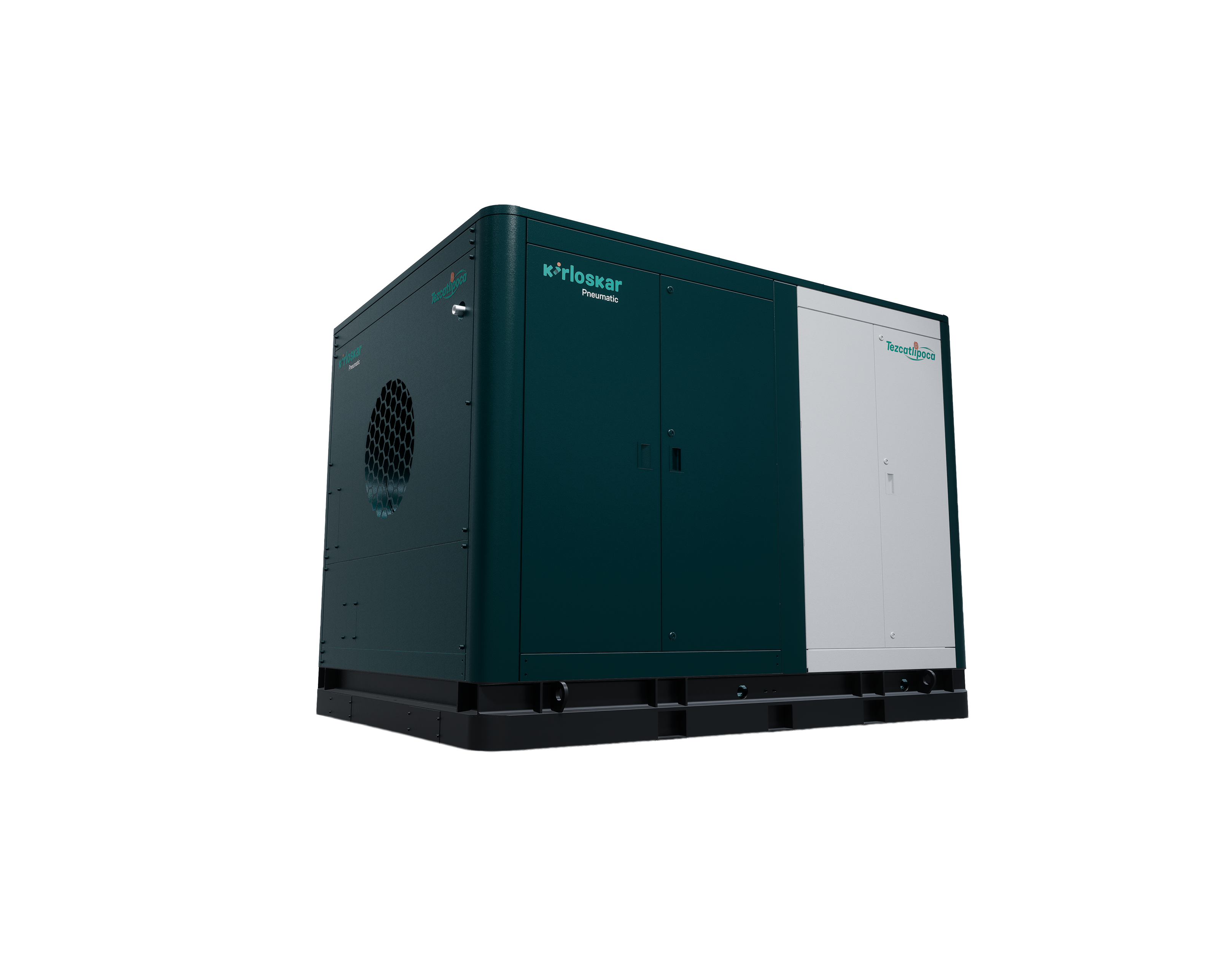 Dark teal industrial compressor unit with white panel and ventilation grille on black base