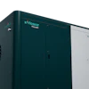 Dark teal industrial compressor unit with white panel and ventilation grille on black base
