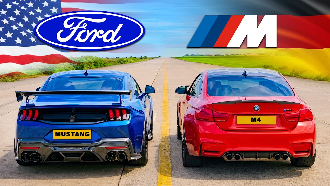 Blue Ford Mustang and red BMW M4 sports cars facing each other on a divided highway with American and German flags