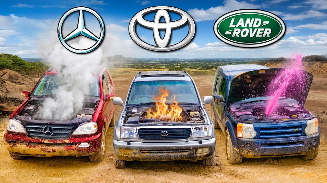 Three damaged vehicles with Mercedes-Benz, Toyota, and Land Rover logos in desert landscape with smoke and fire effects