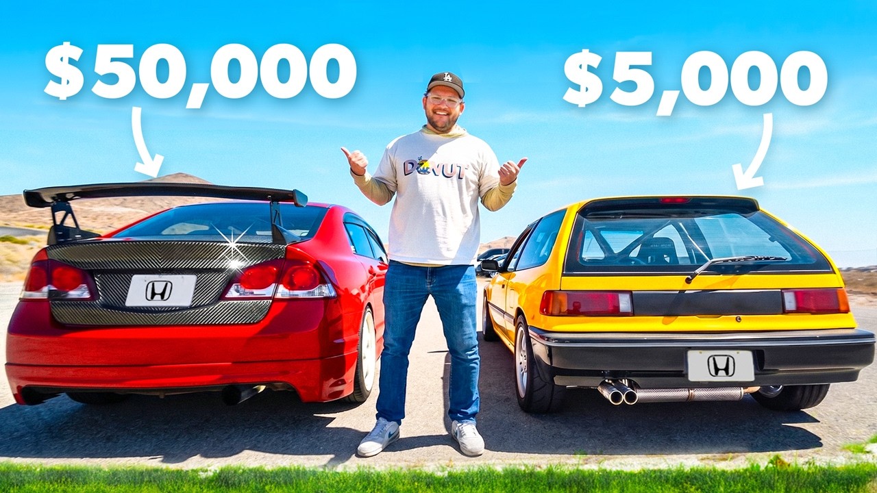 Man standing between red and yellow Honda cars with $50,000 and $5,000 price labels