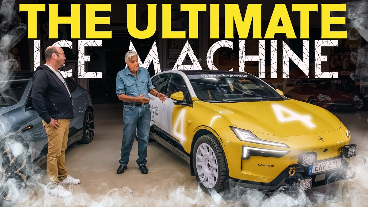 Two men discussing a yellow Lotus electric vehicle in a garage with dry ice effects and 'The Ultimate Ice Machine' text overlay