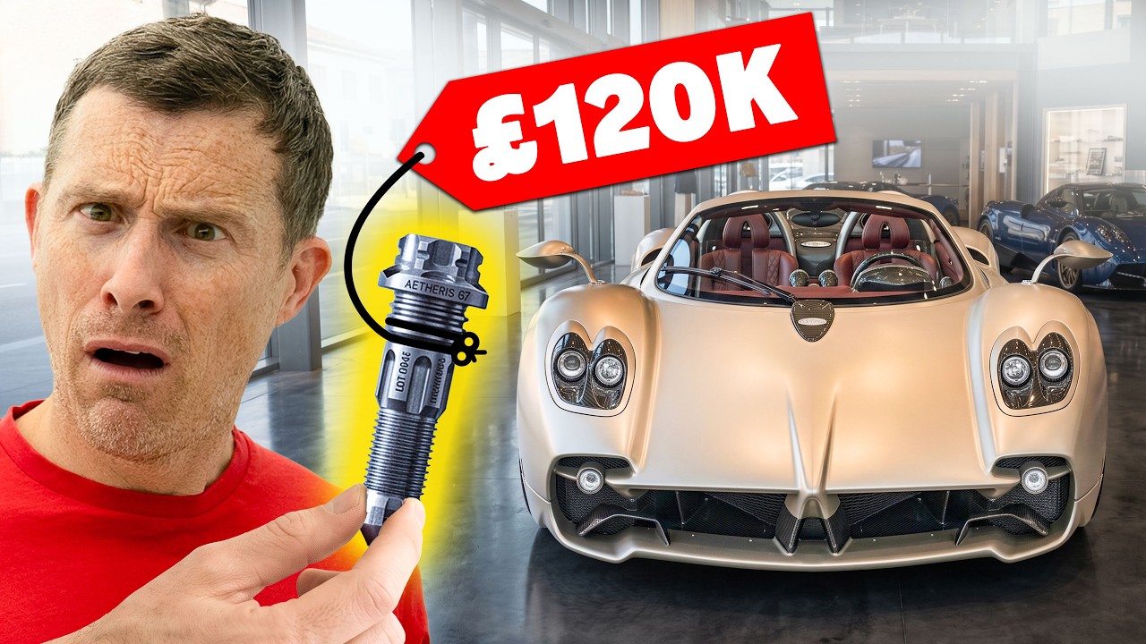 Man holding spark plug with luxury sports car and £120K price tag in showroom