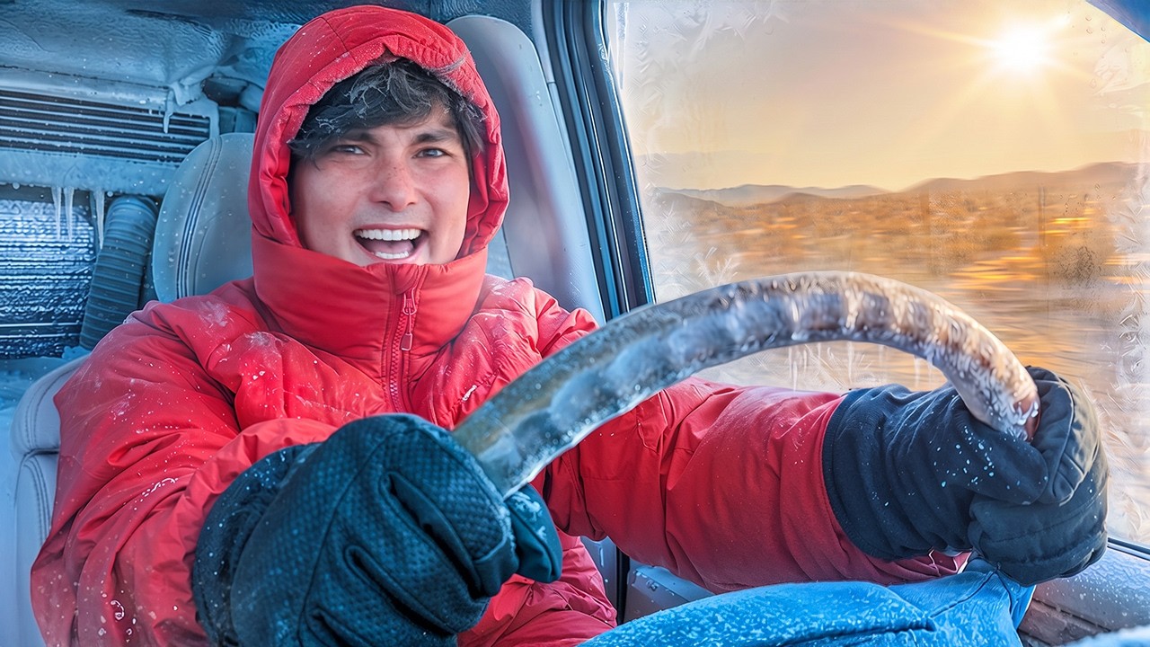 Young person wearing bright red winter jacket and hood smiling while holding steering wheel in snowy landscape