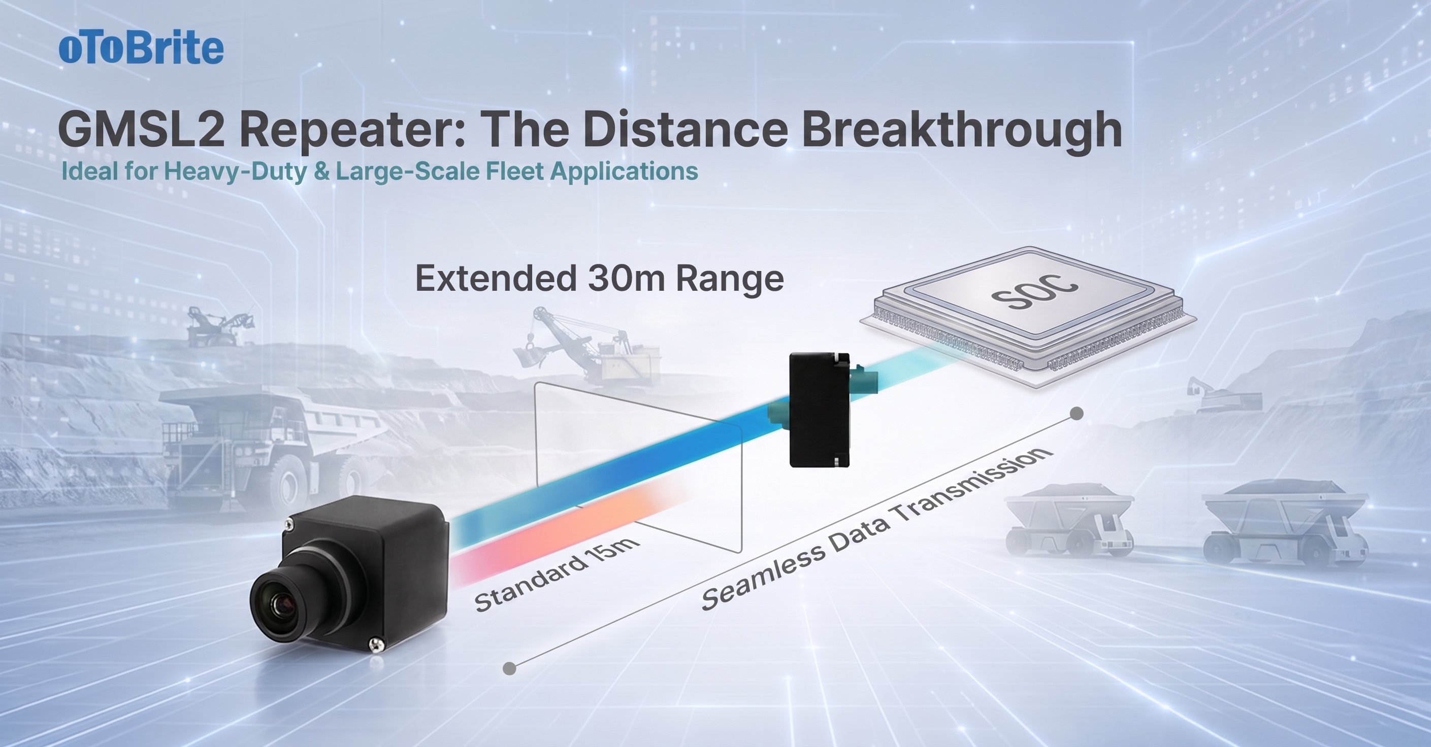 oToBrite GMSL2 Repeater with 30m extended range for heavy-duty fleet applications showing seamless data transmission