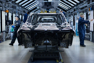 Black vehicle on assembly line in modern automotive manufacturing facility with workers and overhead lighting