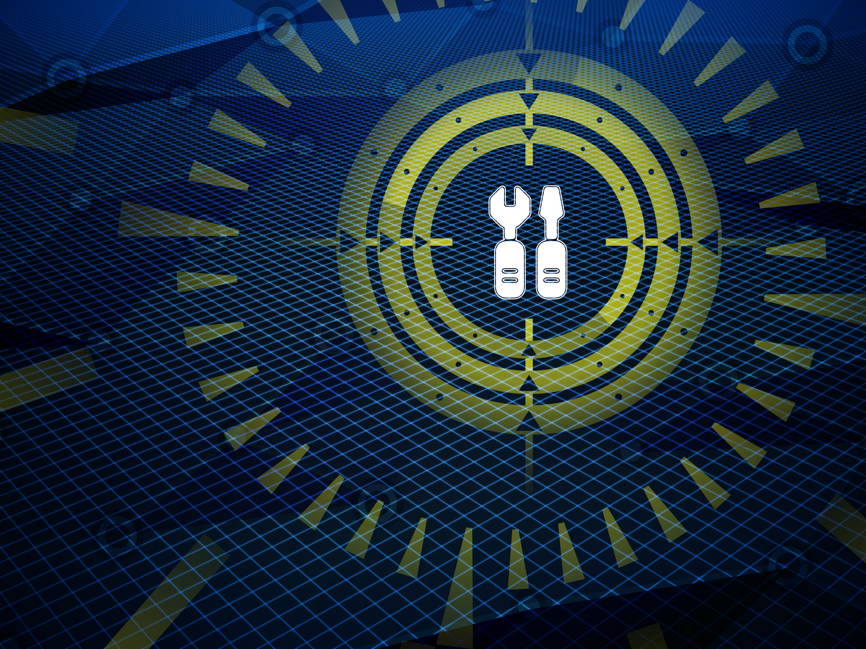 White chromosome icon centered in concentric circles with blue grid background and yellow radiating lines