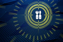 White chromosome icon centered in concentric circles with blue grid background and yellow radiating lines