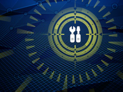 White chromosome icon centered in concentric circles with blue grid background and yellow radiating lines