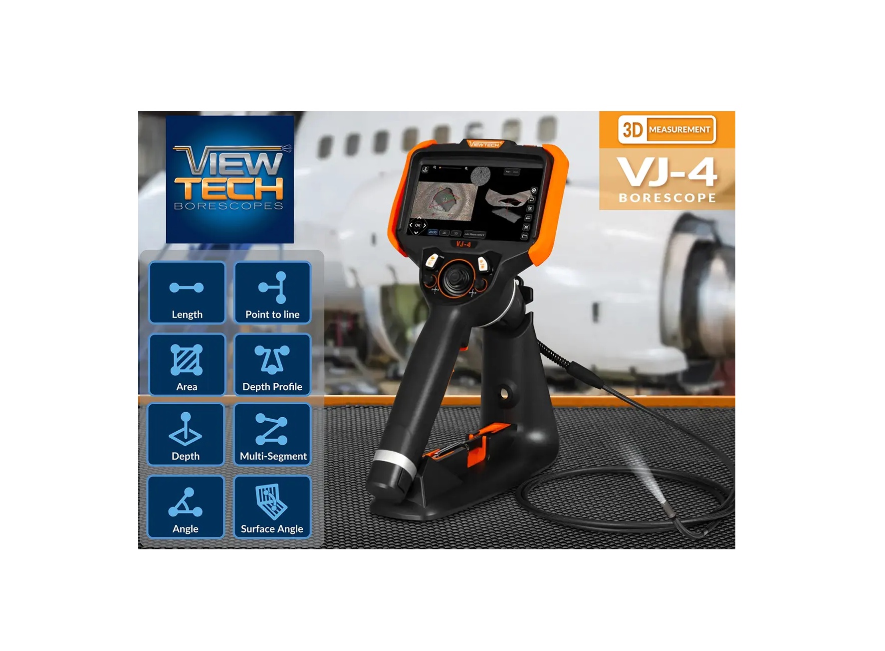 ViewTech VJ-4 borescope with 3D measurement capabilities and technical specifications display
