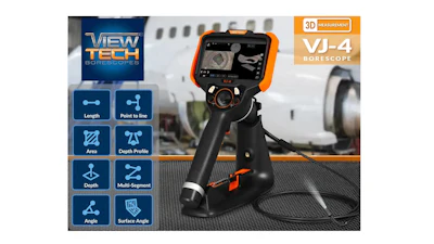 ViewTech VJ-4 borescope with 3D measurement capabilities and technical specifications display