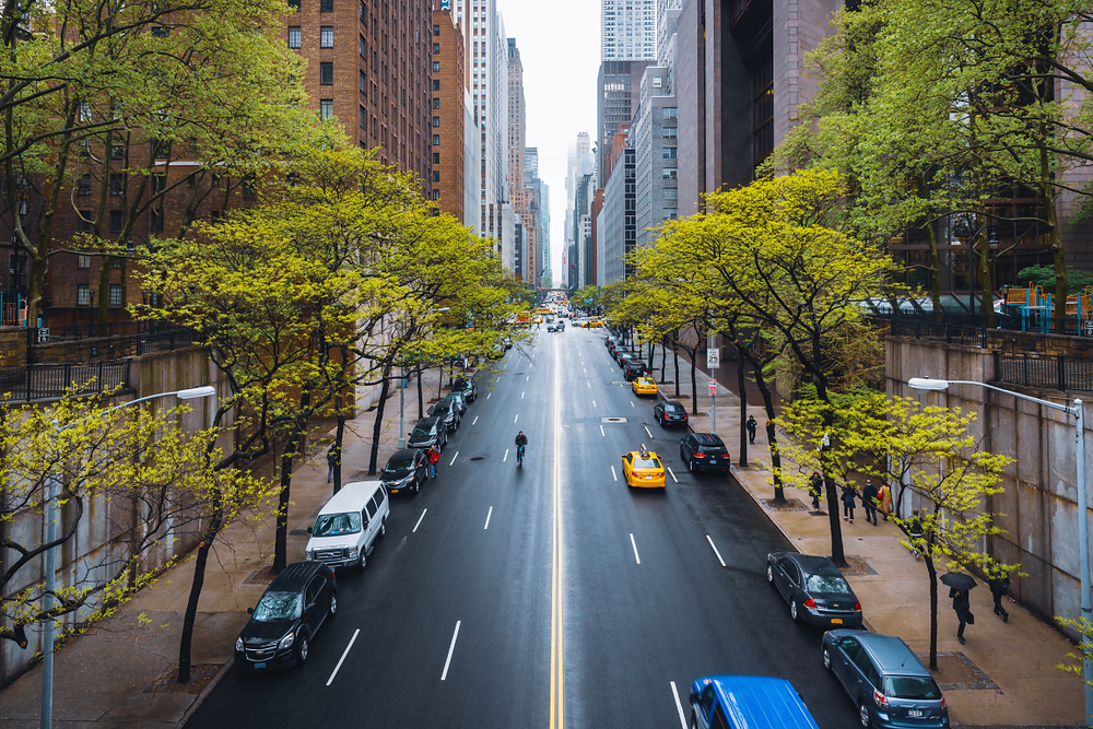 Tree-lined urban avenue with yellow taxis, parked cars, and pedestrians between tall buildings on a sunny day