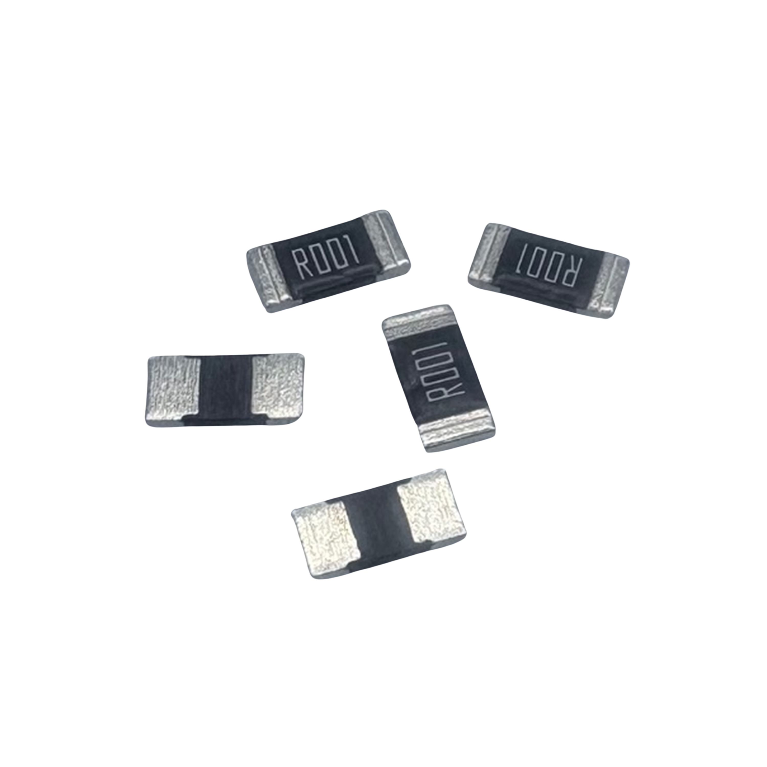 Five surface-mount resistor components with silver end caps and black marking bands displaying alphanumeric codes