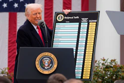 Political figure at presidential podium displaying reciprocal tariffs chart with American flag backdrop