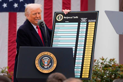 Political figure at presidential podium displaying reciprocal tariffs chart with American flag backdrop