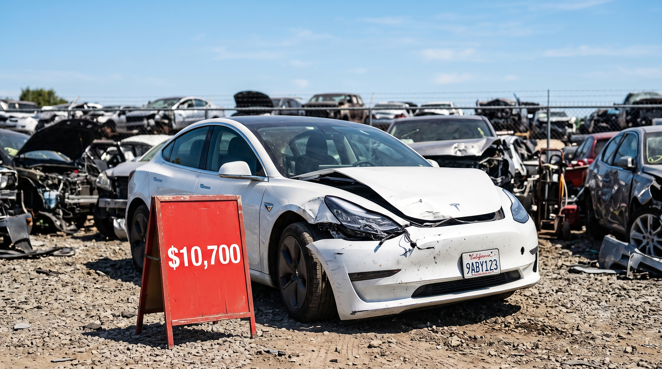 Damaged white Tesla Model 3 with price tag in salvage yard surrounded by other wrecked vehicles