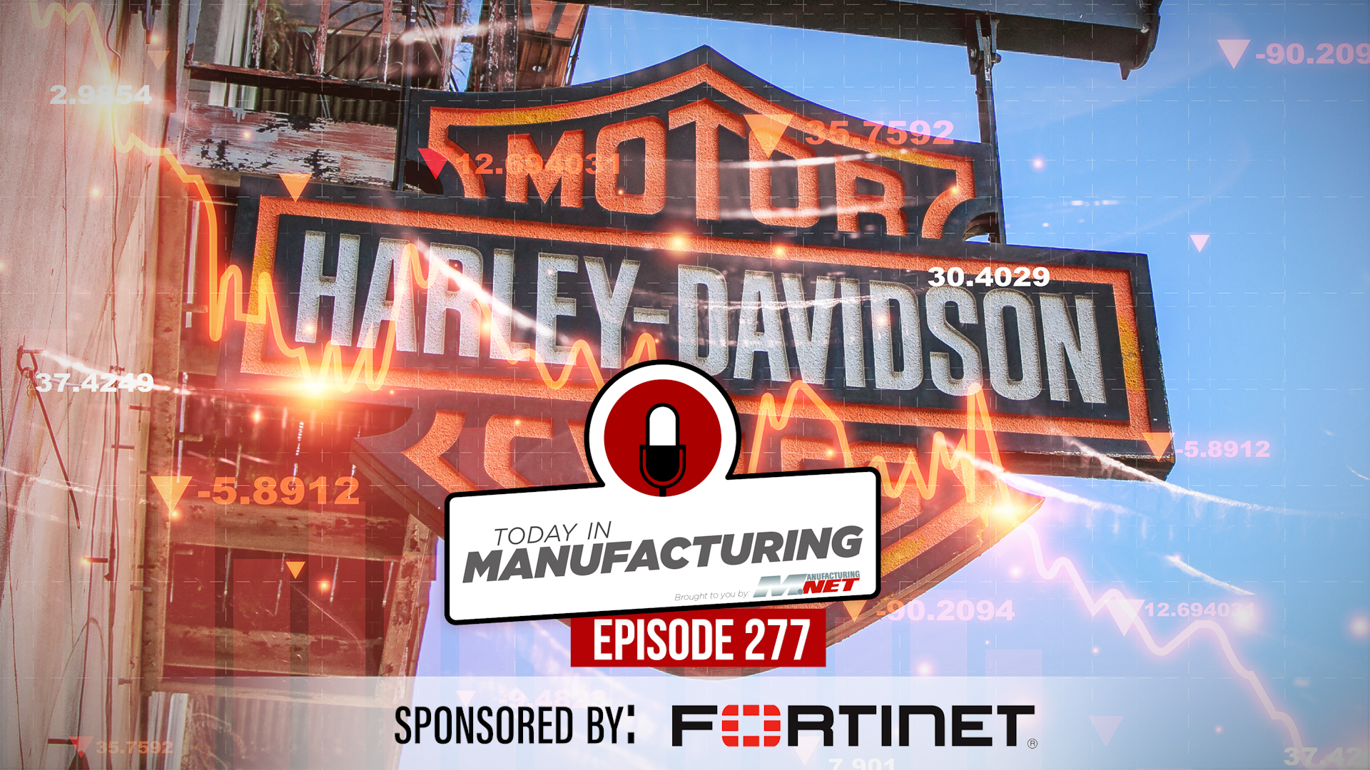 Harley-Davidson neon sign with 'Today in Manufacturing' Episode 277 broadcast graphic sponsored by Fortinet