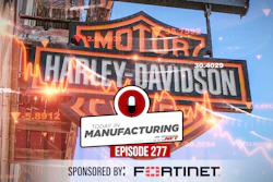 Harley-Davidson neon sign with 'Today in Manufacturing' Episode 277 broadcast graphic sponsored by Fortinet