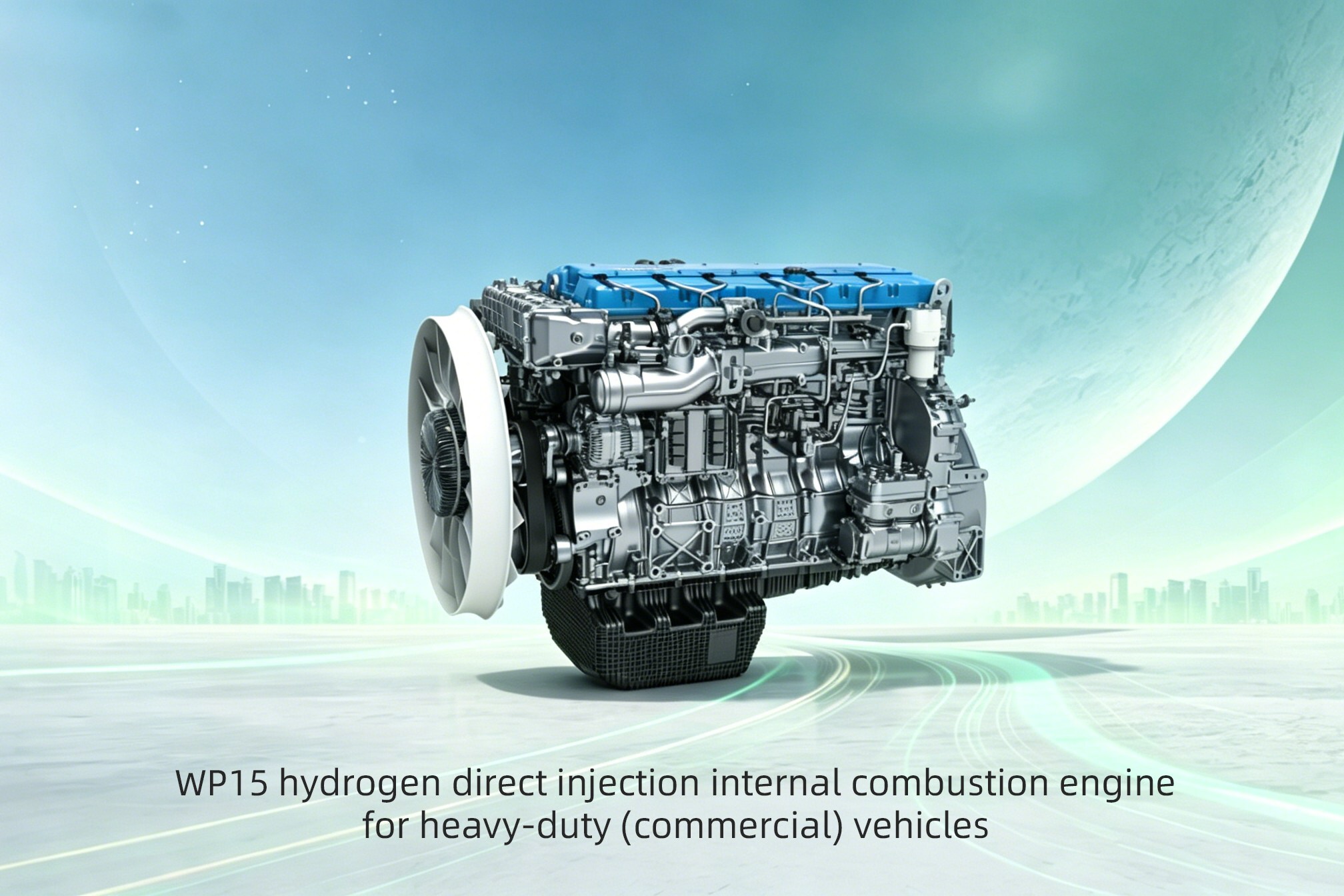 WP15 hydrogen direct injection engine for heavy-duty commercial vehicles displayed against futuristic cityscape background