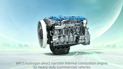 WP15 hydrogen direct injection engine for heavy-duty commercial vehicles displayed against futuristic cityscape background