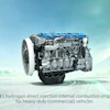 WP15 hydrogen direct injection engine for heavy-duty commercial vehicles displayed against futuristic cityscape background