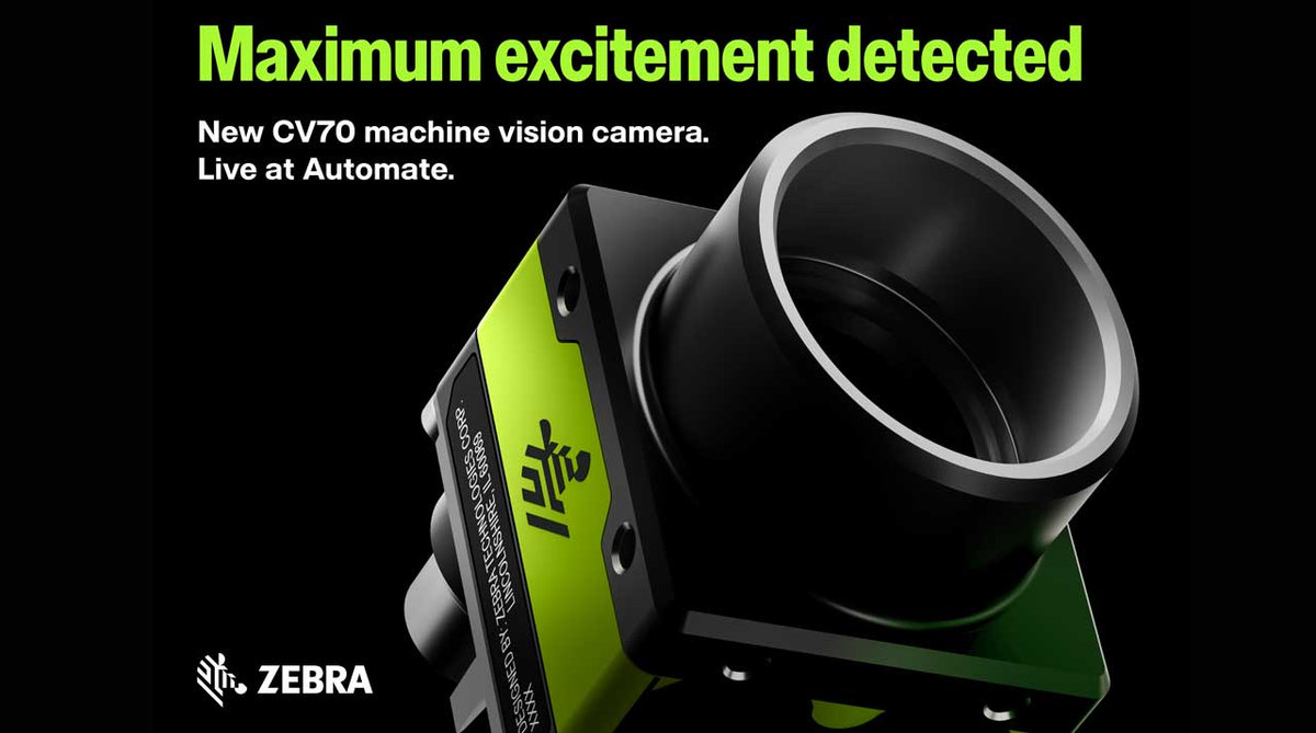 Zebra CV70 machine vision camera with neon green accents displayed against black background with marketing headline