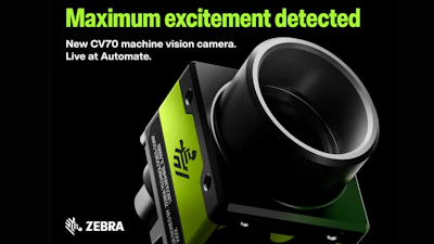 Zebra CV70 machine vision camera with neon green accents displayed against black background with marketing headline