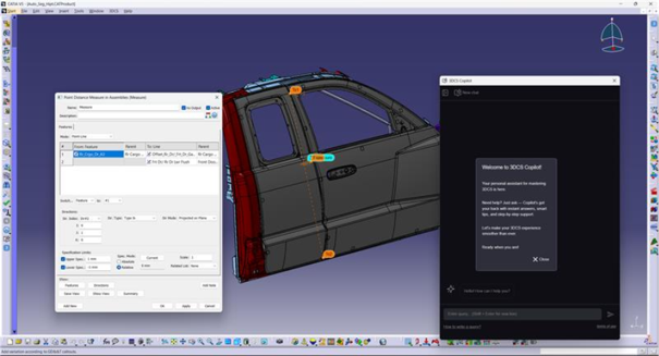 3D CAD software interface showing automotive door component design with technical specifications panel