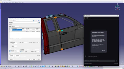 3D CAD software interface showing automotive door component design with technical specifications panel